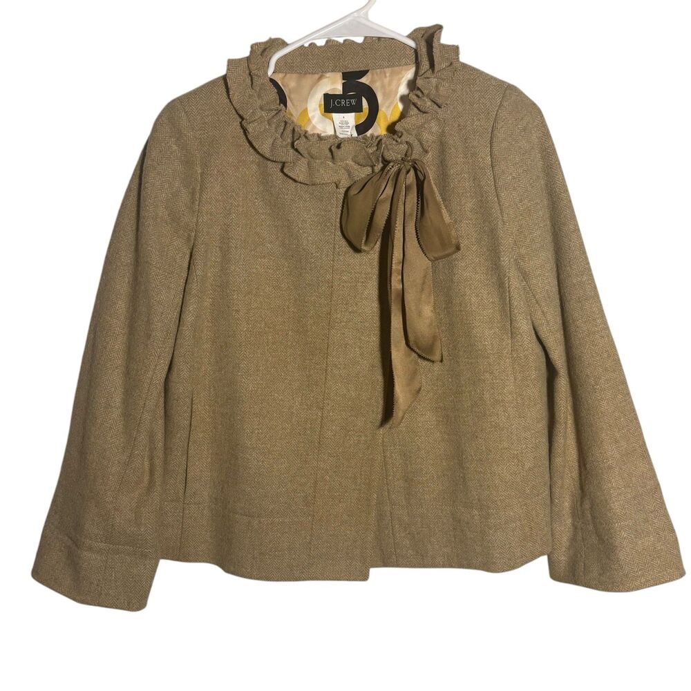 J. Crew Cheshire Herringbone Ruffle Neck Wool Jacket in Tan- Size 6
